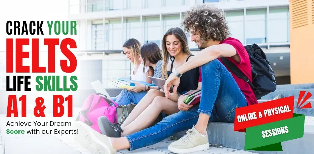 Happy students studying together on campus steps with books and backpacks, with text promoting "Crack Your IELTS Life Skills A1 & B1" course, online & in-person sessions.